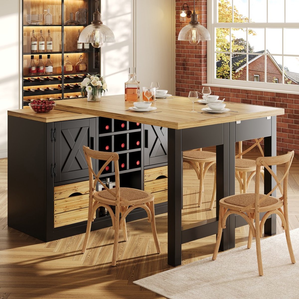 KOMHTOM Eettafel Uitschuifbaar met Dressoir - 360° Draaibaar Tafelblad - Keukentafel met Opbergruimte - Multifunctioneel Keukeneiland - Woonkamerkast - Zwart- Zonder stoelen