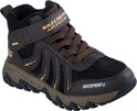 Bruine waterdichte wandelschoen met zwarte mesh, gele strepen, klittenband en veters.