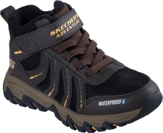 Bruine waterdichte wandelschoen met zwarte mesh, gele strepen, klittenband en veters.