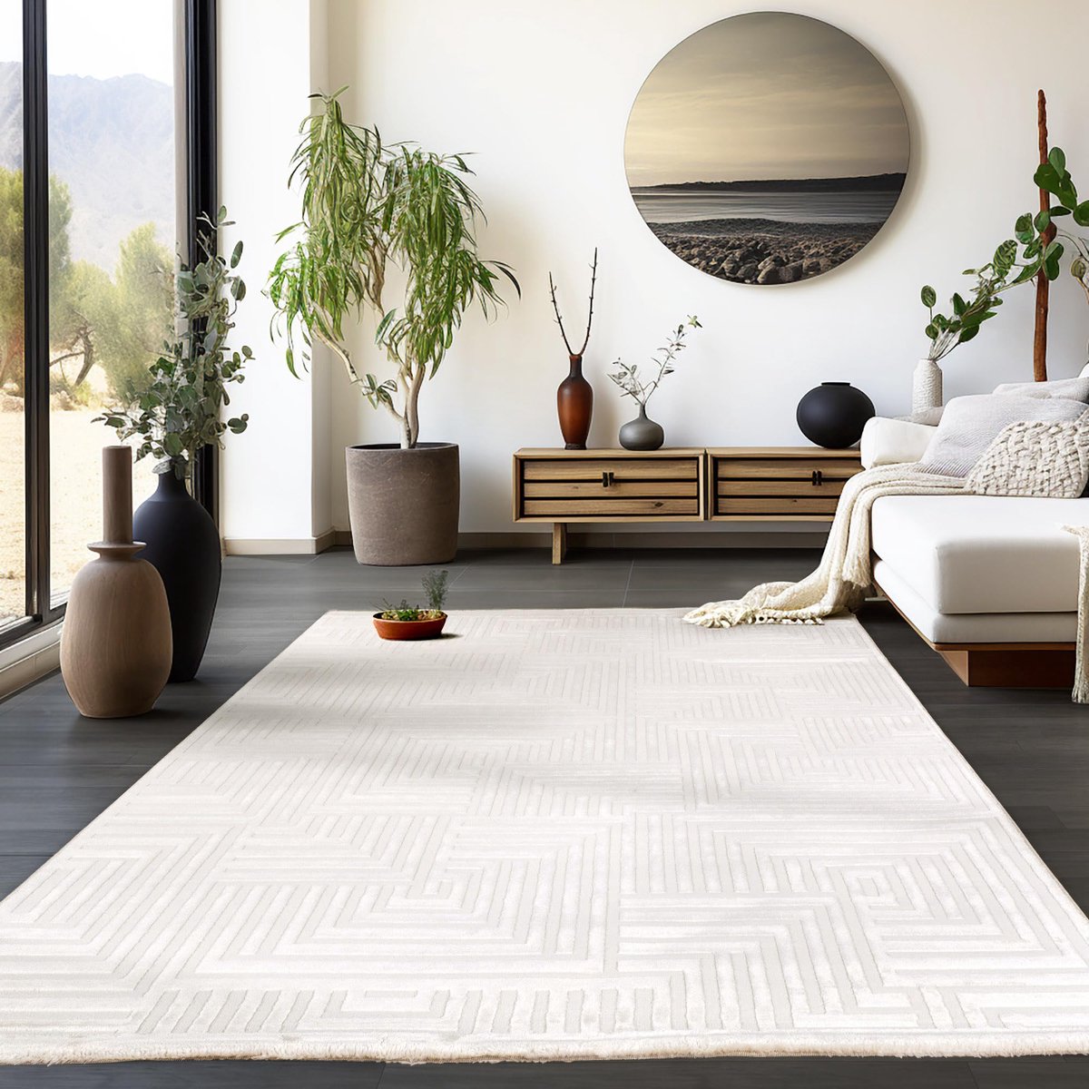 Vloerkleed voor de woonkamer, laagpolig, crème, 3D, Scandinavisch, modern, wasbaar, voor slaapkamer en keuken, geometrisch design, zacht vloerkleed voor woonkamer, 160 x 230 cm