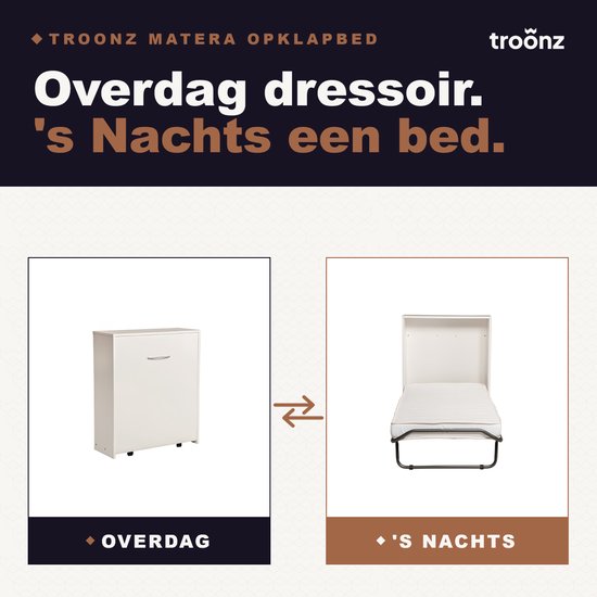 Opgeklapt een dressoir, uitgeklapt een eenpersoonsbed.
