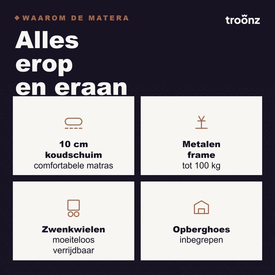 Duidelijke eigenschappen van het opklapbed: 10 cm koudschuim, metalen frame, zwenkwielen, opberghoes.