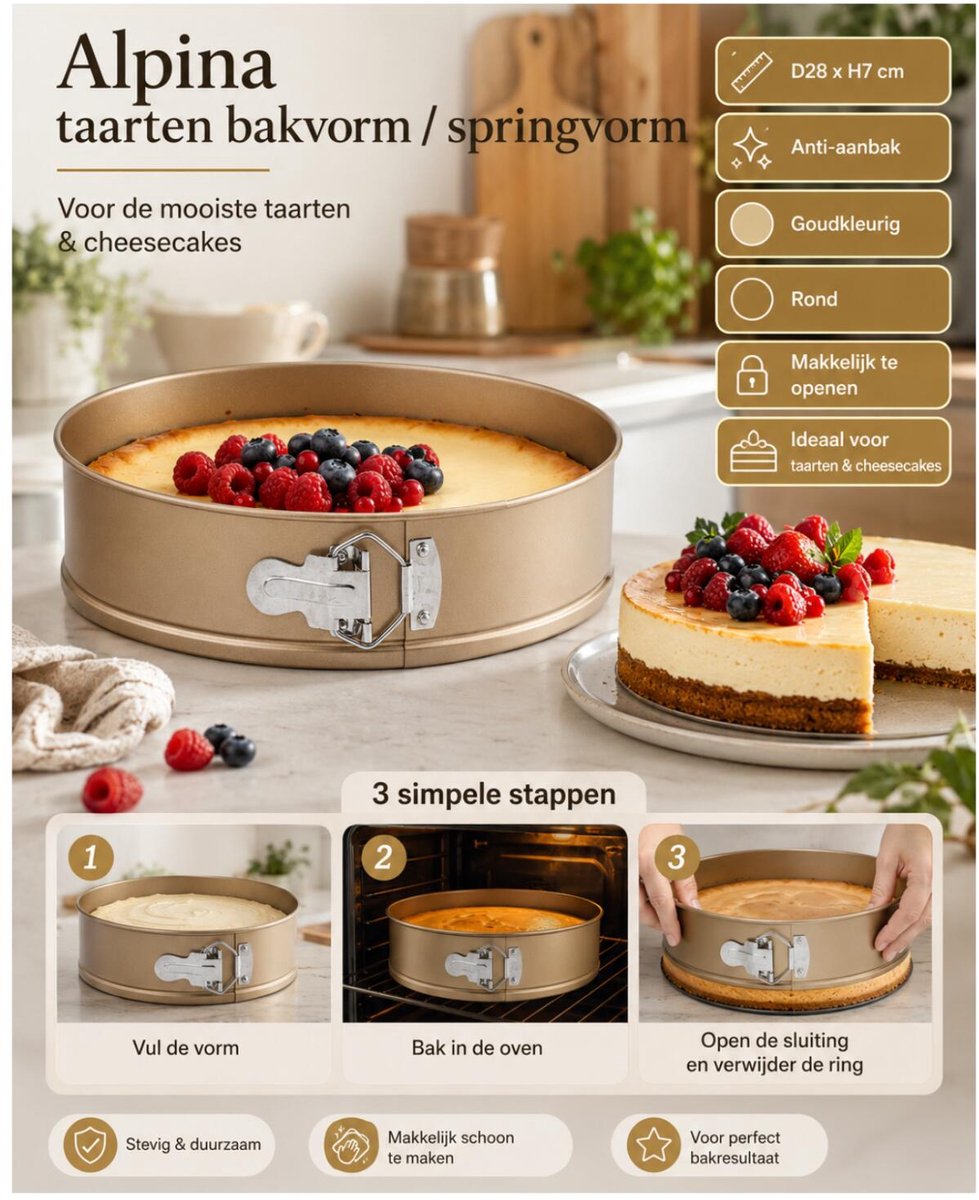 Alpina taarten bakvorm/springvorm - D28 x H7 cm - anti aanbak - goudkleurig - rond – foto 6