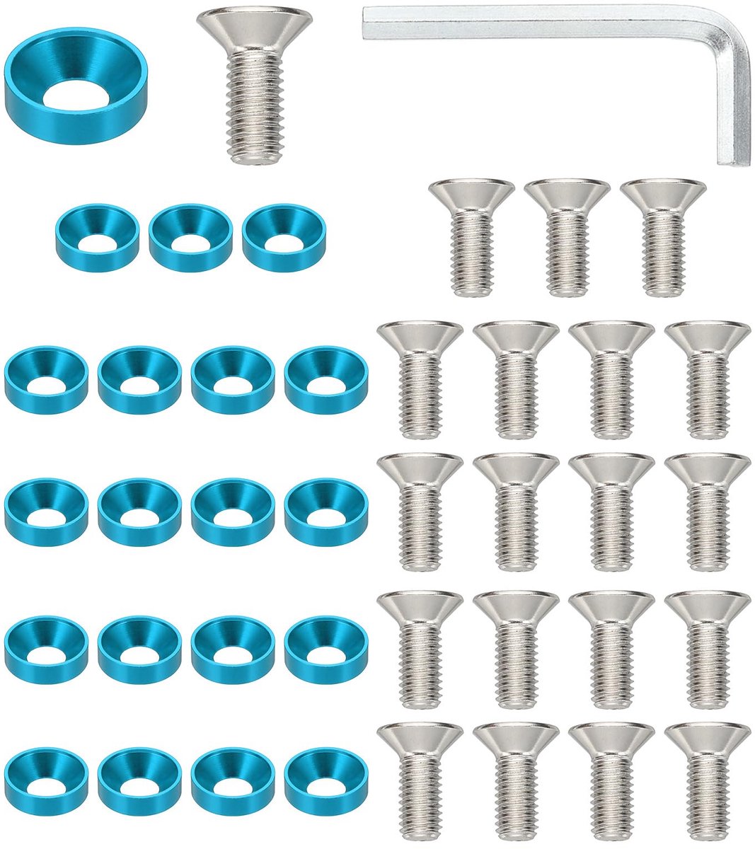 40 paar M8 aluminium sluitringen en M8 x 20 mm stalen schroeven met sleutel, verzonken kop-onderlegringen voor bumper, spatborden, motorruimte dressup-kit, hemelsblauw