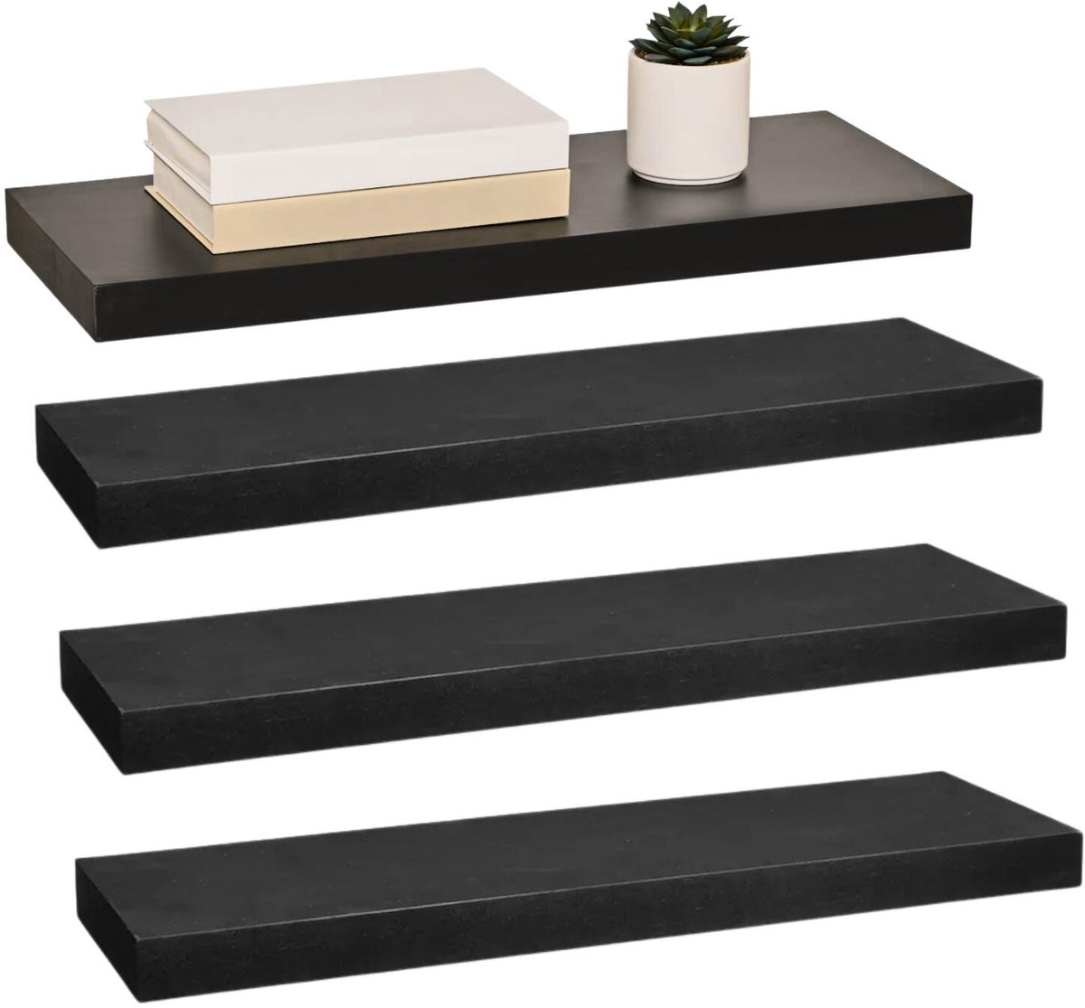 5five Zwevende wandplank Bassline - 4x - zwart - 60 cm - hout/MDF - boekenplank - muurplank - opbergplank - hangplank