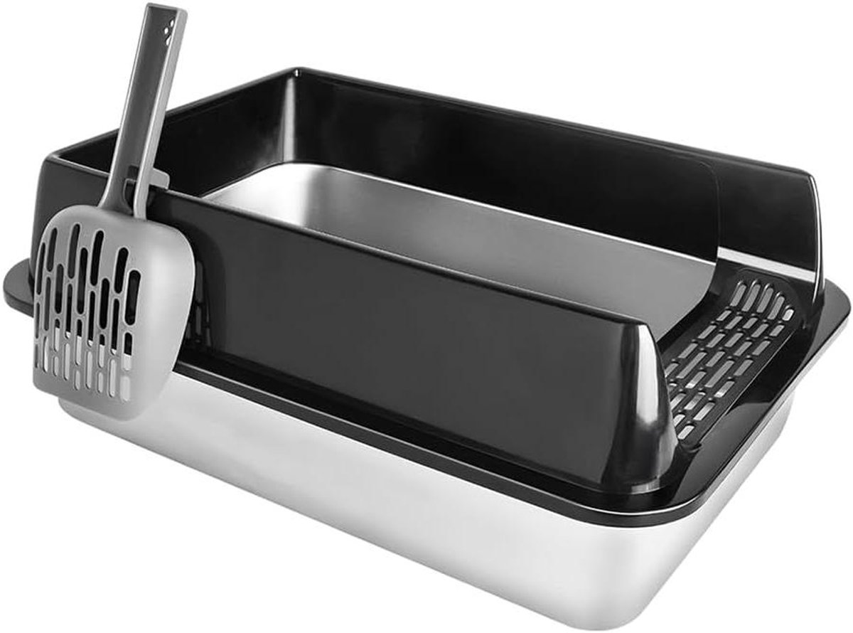 Open Kattenbak - Katten Toilet - Kattenbak Vulling - Met Spatbescherming - 50 x 35 x 24 cm - Zwart