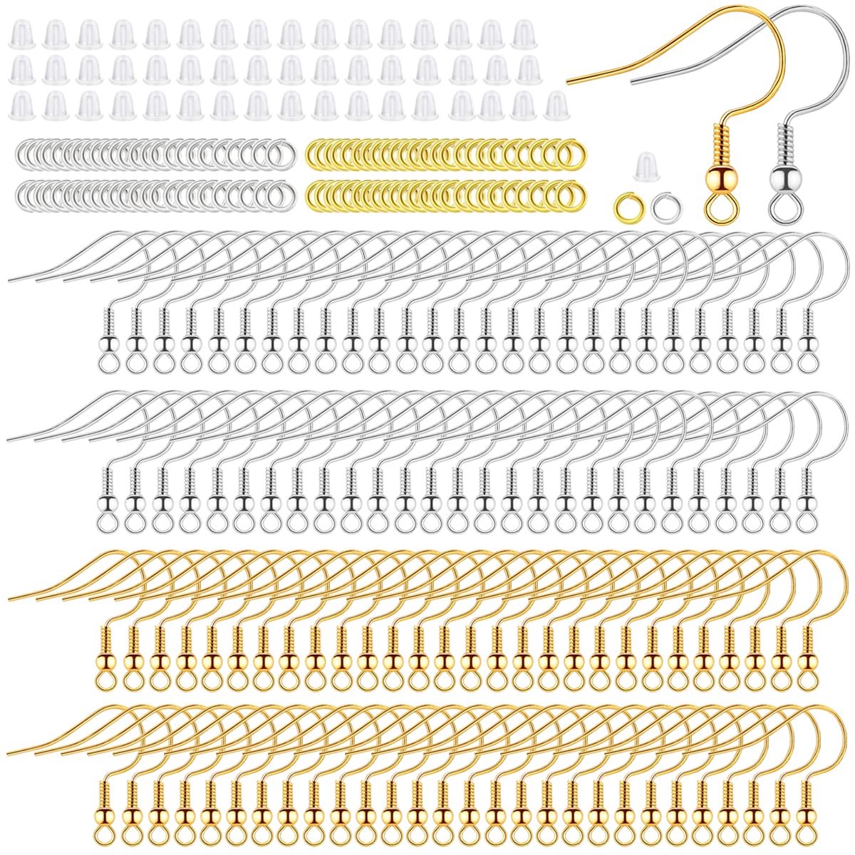 oorbelhaken, 600 stuks oorbellen maken kit, vis oorbel haken + metalen springringen + transparante siliconen oorbel ruggen stoppers voor het maken van sieraden, goud/zilver