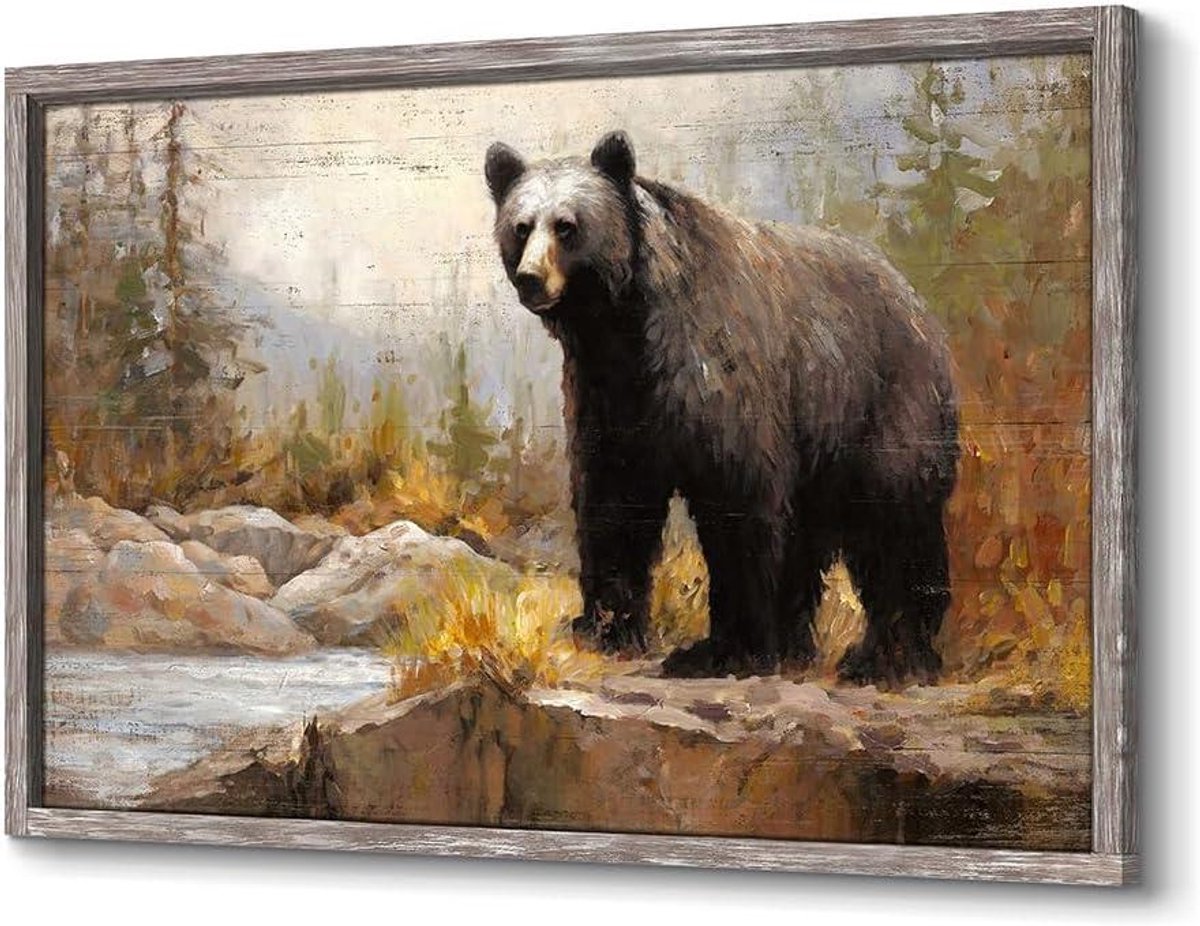 Beer muurkunst - Wilde dieren - Woonkamer decoratie - Houten lijst - 24 x 36 inch - Natuurlijk
