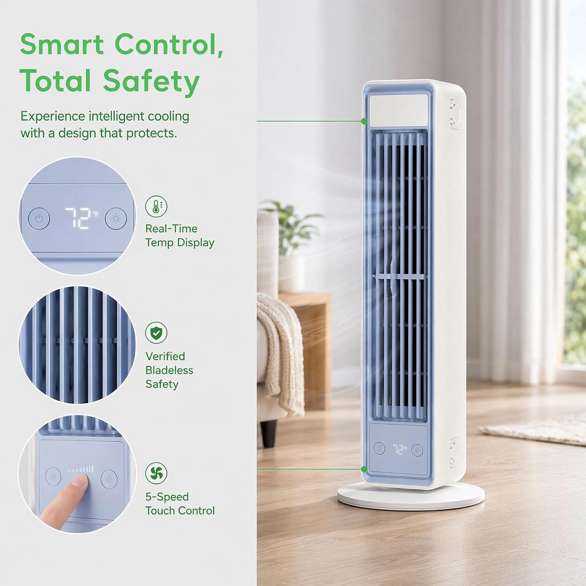 Bladloze Torenventilator - Torenventilator - Draagbare Mobiele Airco Cooler - Bladloos - Draaibaar Ventilator - 5 Snelheden - Met Afstandsbediening - Luchtstroom - Stil Compact - Mobiele Airco - Compacte Airconditioner Voor een Goede Nachtrust - Wit – foto 3