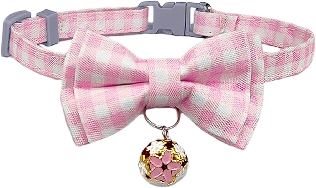 Kattenhalsband met Strik en Bel, Veiligheidssluiting, Afneembare Strikdas, Zacht Materiaal (Roze Geruit)