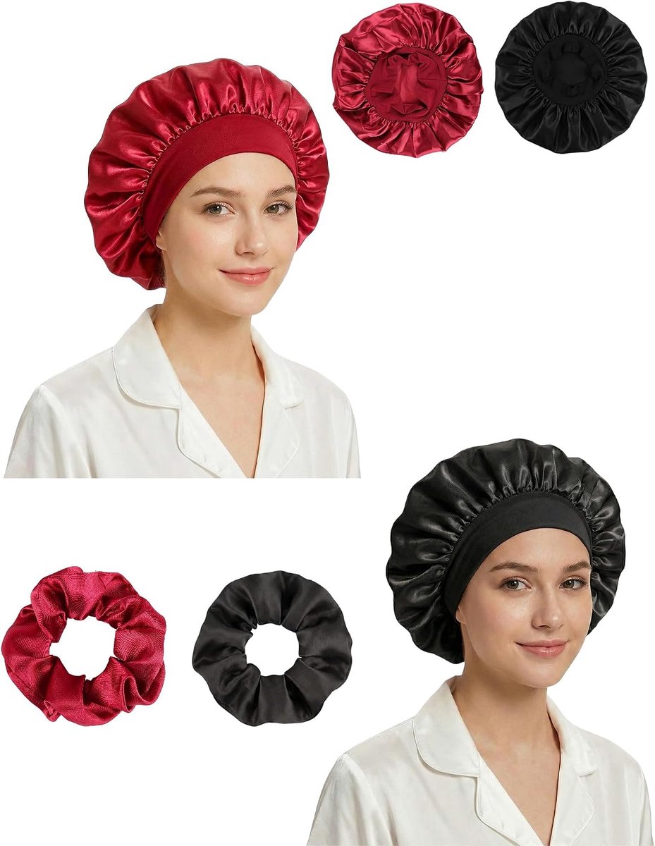 Slaapmuts Dames Set - 2 Stuks Zijden Bonnet met 2 Scrunchies - Nachtmuts voor Krullen & Anti-Pluis Haarverzorging - Zachte Sleep Cap met Elastische Band - Zwart & Roze