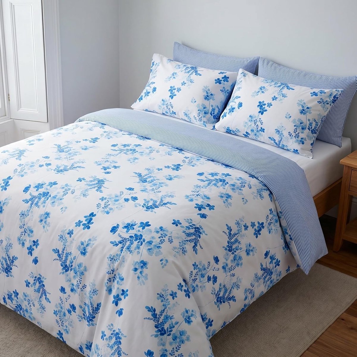 240 x 220 cm, set van katoen, omkeerbare strepen, bloemen, blauw/wit, dekbedovertrekken (240 x 220 + 2 (65 x 65)