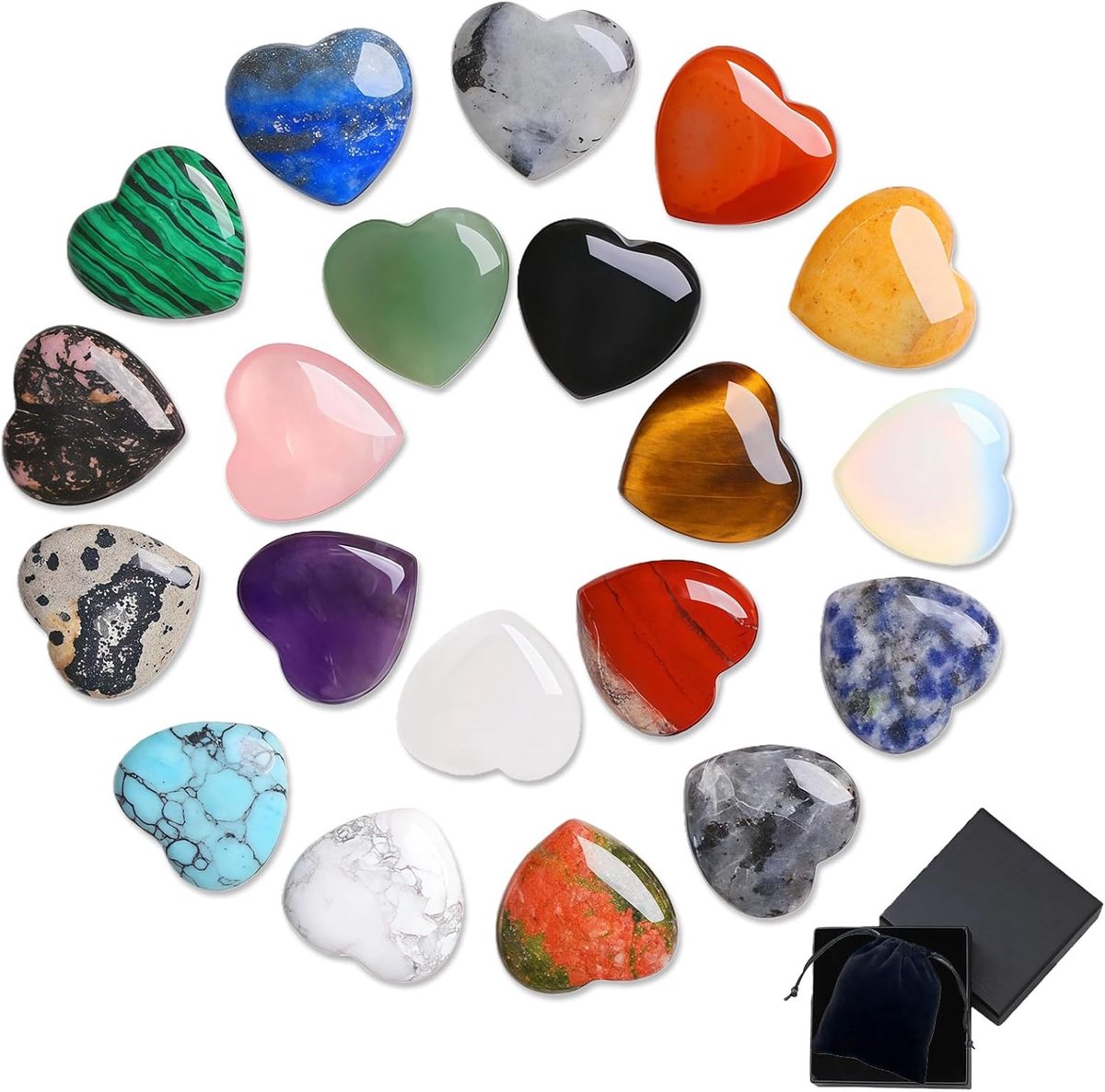 Set van 20 helende stenen hartvorm, kleurrijke kristallen, meditatie en yoga, gepolijste geluksstenen hart voor Reiki Chakra, edelstenen voor kinderverzamelaars, geschenkdoos met fluwelen zakje