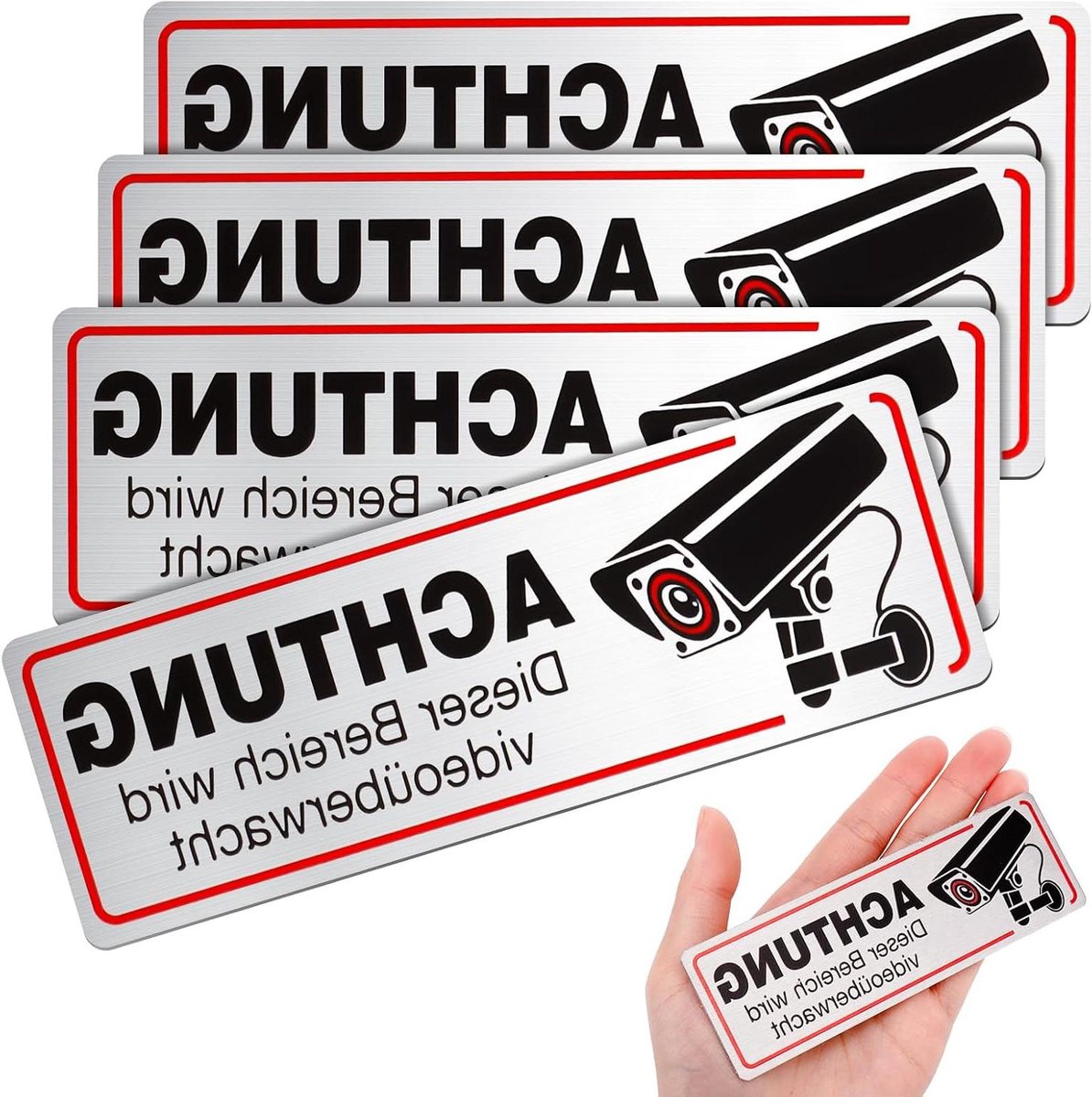 Bewakingsborden - Camerabewaking Sticker - Veiligheid Aangeven - Roestvrij Staal - 4 Stuks 12x4cm - Zilverkleurig