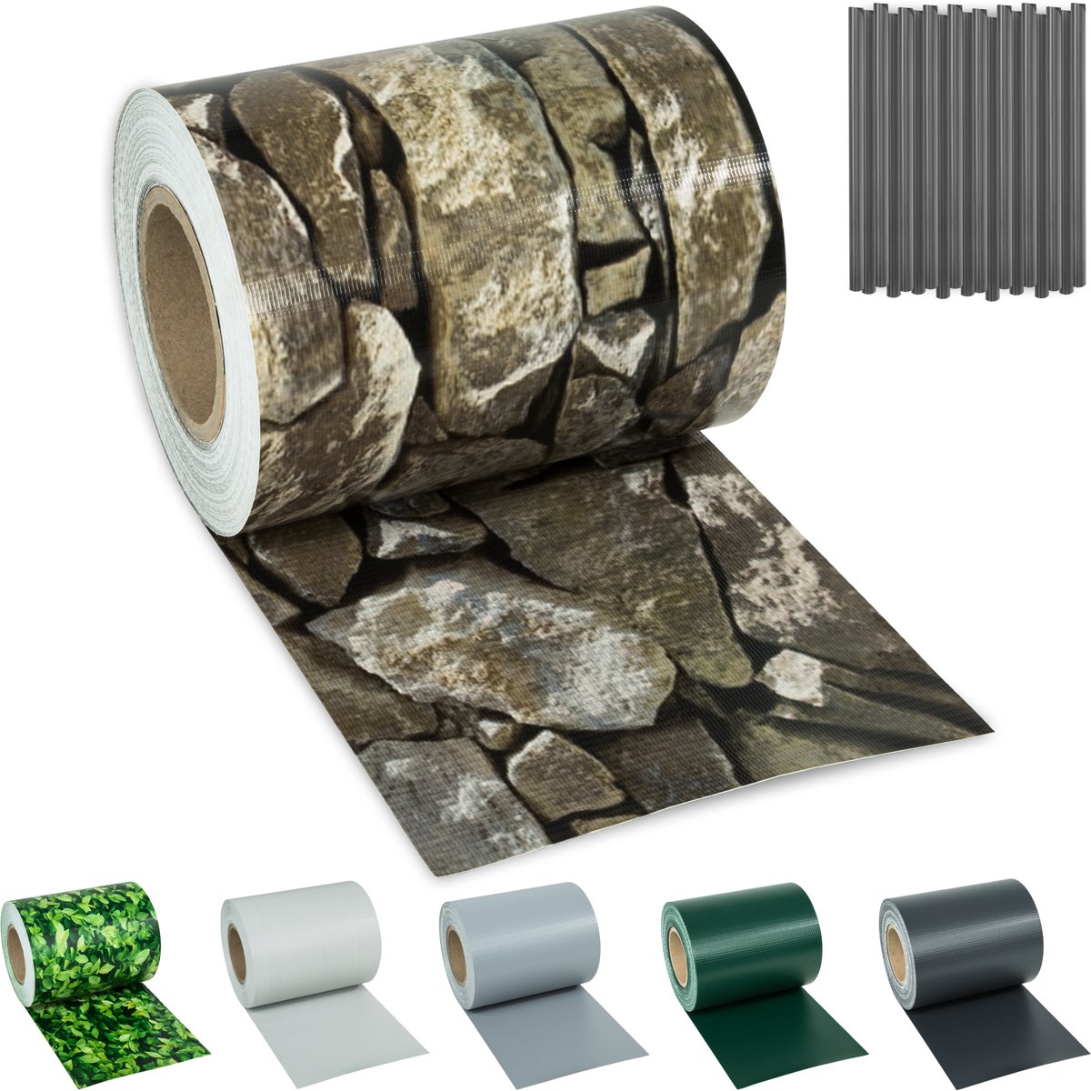 tectake® Tuinscherm - 35 meter Vlechtwand - 19 cm hoog - Balkonscherm - Privacyscherm - 450 g/m² Weerbestendig PVC - Dubbelzijdig Bedrukt - Folie voor Hekwerk en Tuin - Zichtdoek - Zichtbreeknet - Inclusief 20 Bevestigingsclips - Steenlook