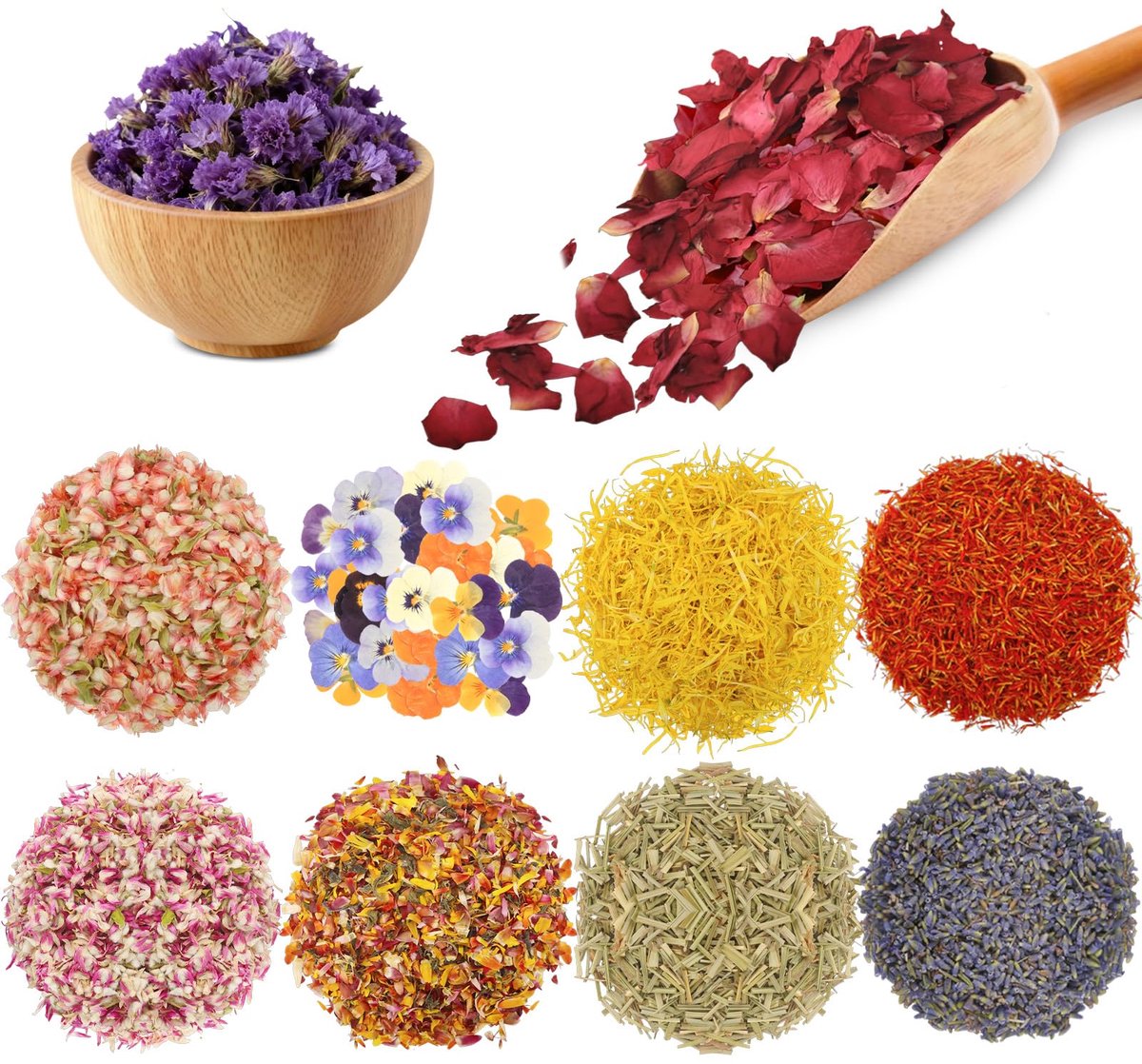 12 verpakkingen soorten bloemblaadjes gedroogde bloemen, 100% natuurlijke bloemblaadjesset, voor zeep, gedroogde bloemblaadjes, taartdecoratie, kaarsen maken, decoratie voor feesten,bakken en koken