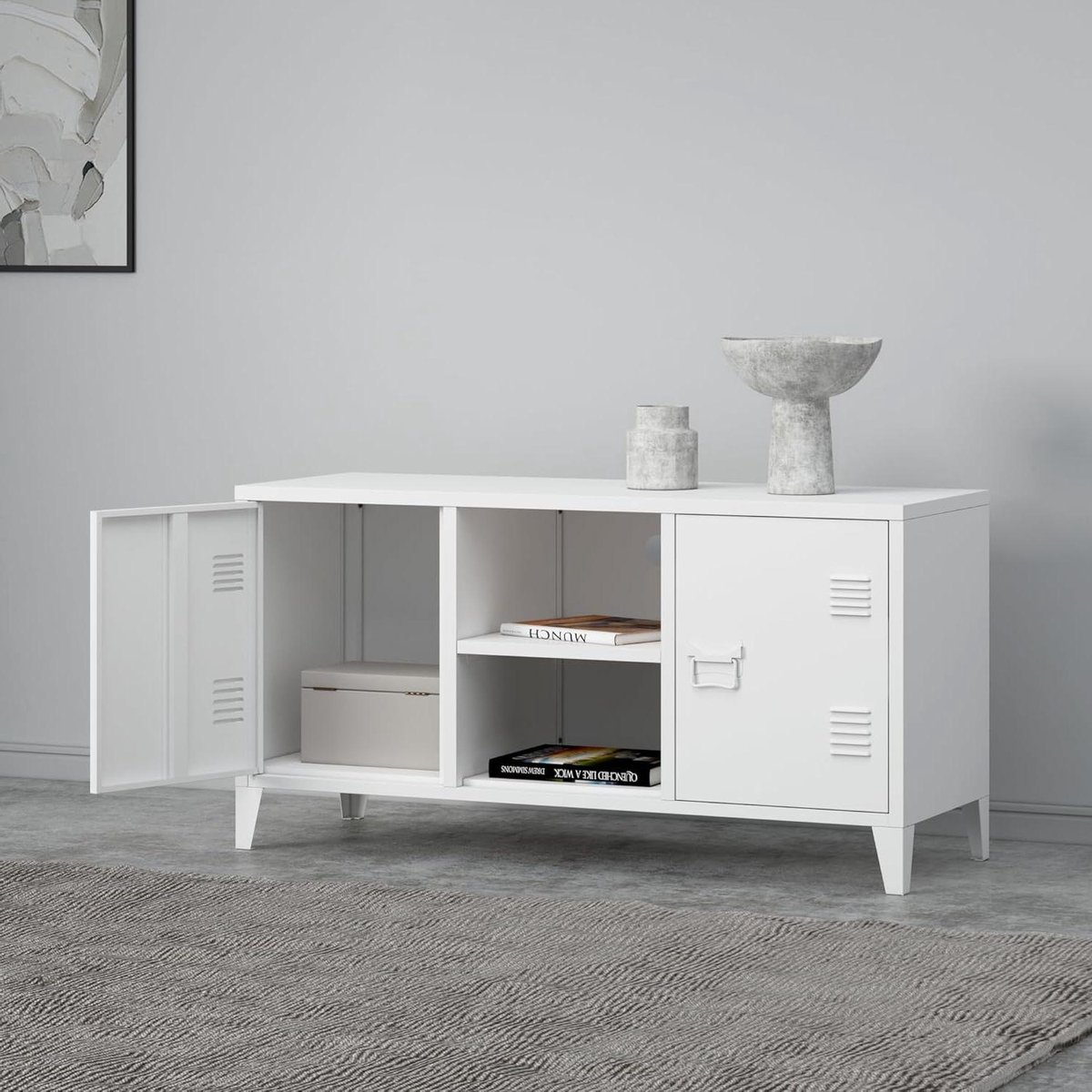 TV meubel - Lowboard dressoir - Media opbergen - Stalen constructie - 113x40x58 cm - Wit