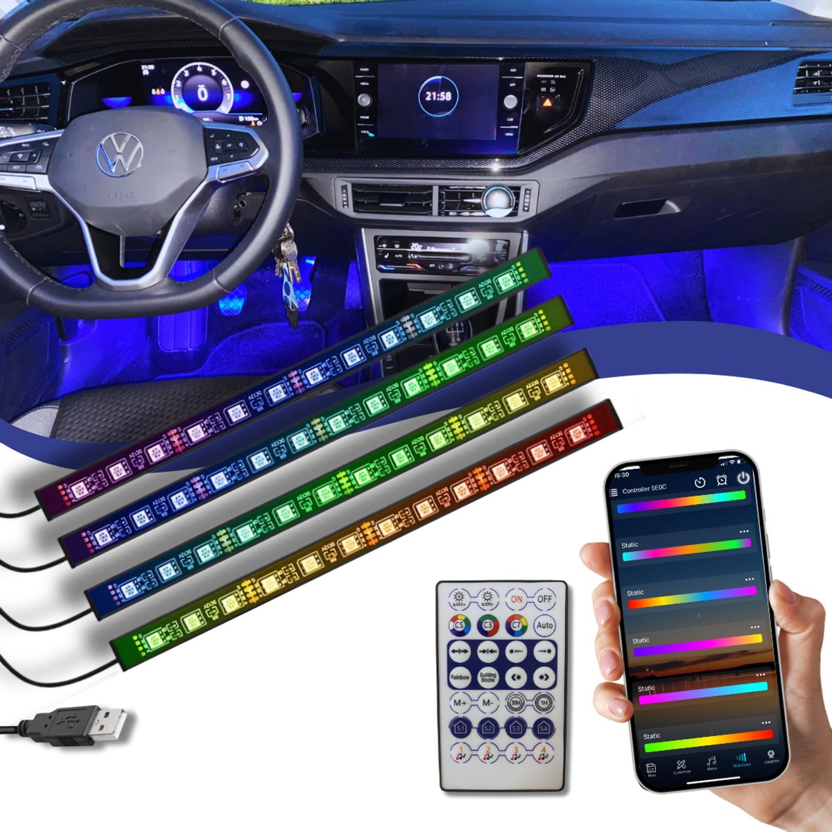 Lucion® RGBIC Led strip auto met afstandsbediening & App | 12V/5V | Auto ambilight met dynamische RGBIC led strip | sfeerverlichting auto | | Auto led verlichting | Led strip auto | 12V/5V USB met afstandsbediening & app-bediening