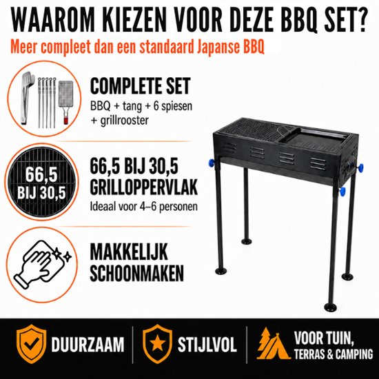 BBQ Grill 66,5 x 30,5 cm – Complete Japanse Barbecue Set met Tang, 6 Spiesen en Grillrooster – Houtskool BBQ voor Tuin, Terras en Camping — afbeelding 2