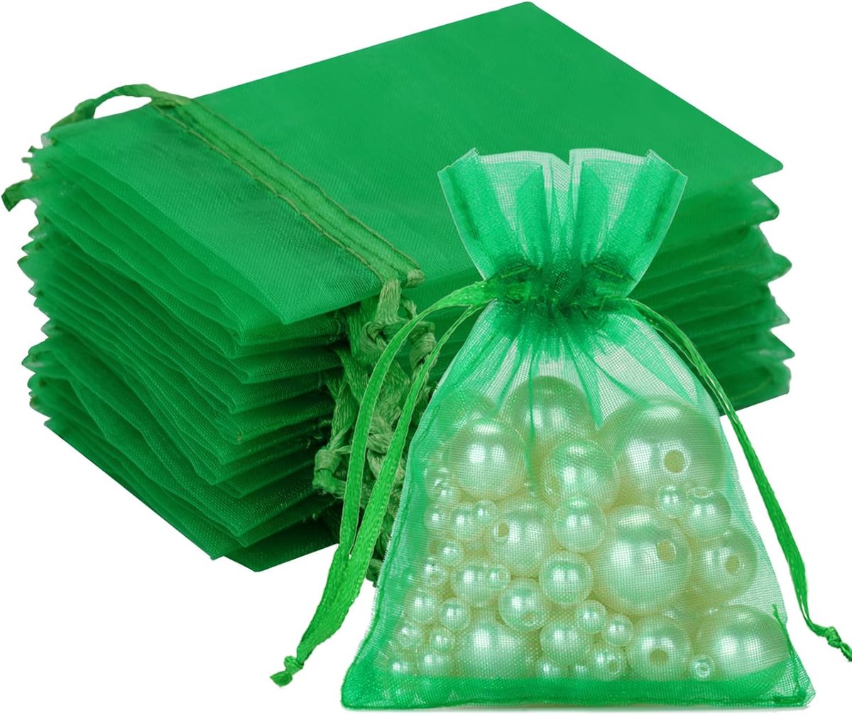 Groene organzazakjes 7 x 9 cm: kleine geschenk-organzazakjes, 50 stuks organzazakjes met trekkoord, geschikt als huwelijkssnoepzakje, sieradenzakje, cadeauzakje