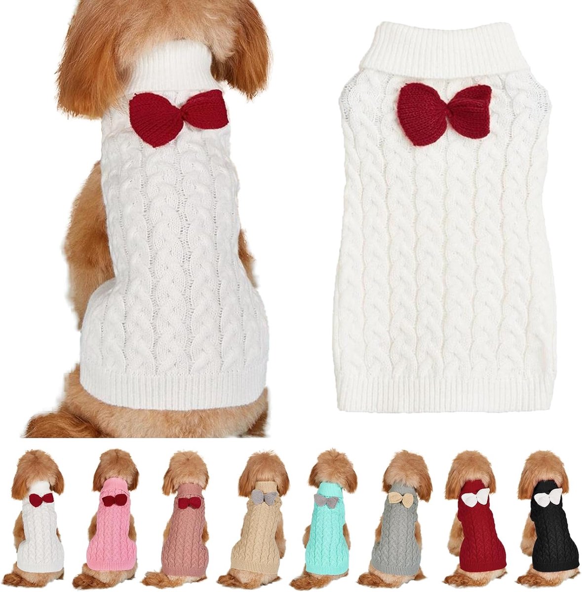 strik, gebreide hondentrui, warme hondenwinterkleding, gebreide gehaakte hondenjas, kerstkostuum voor kleine, middelgrote en grote honden en katten (wit, L)