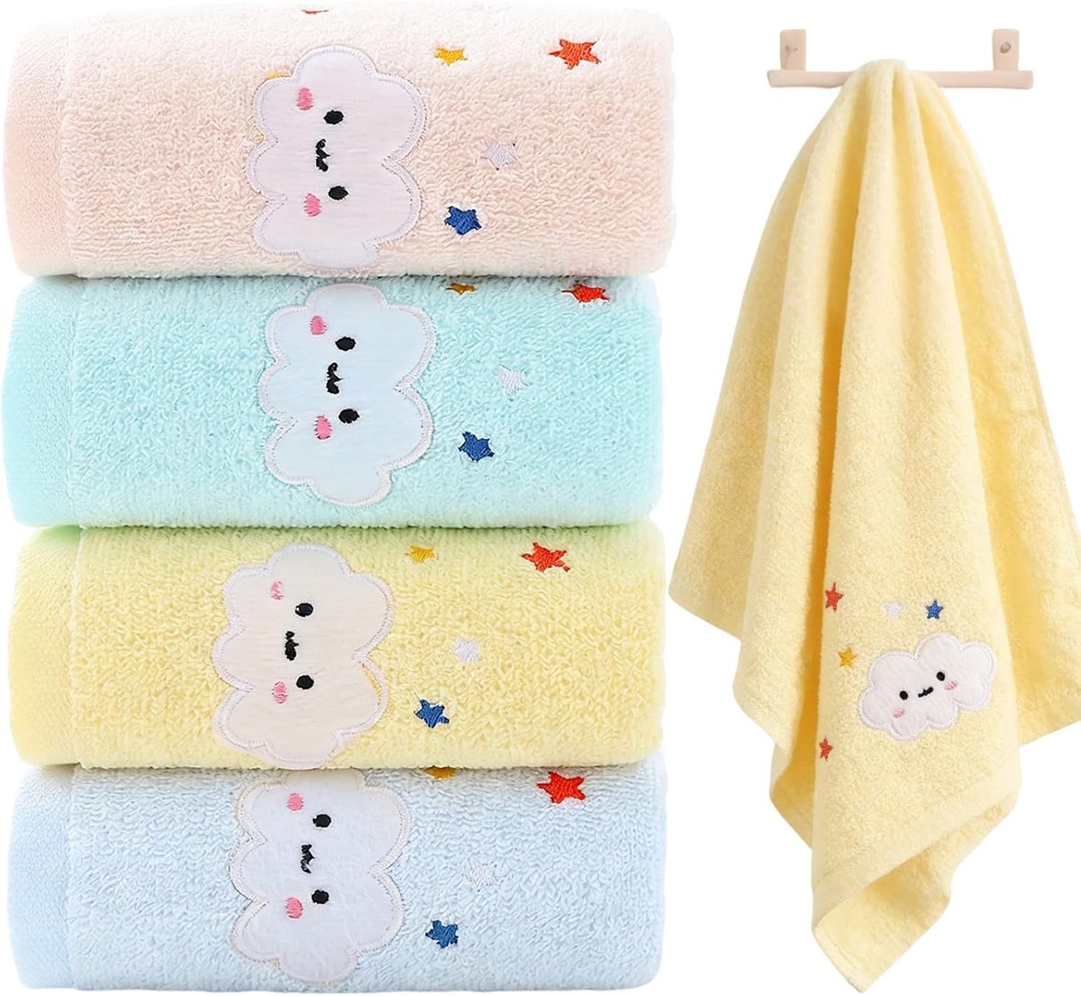 SnelShoppen - Set van 4 Kinderhanddoeken, Cartoon Baby Handdoeken voor Gezicht, Handen, Voeten, Douche, 25 x 50 cm, Zacht Koraalfleece