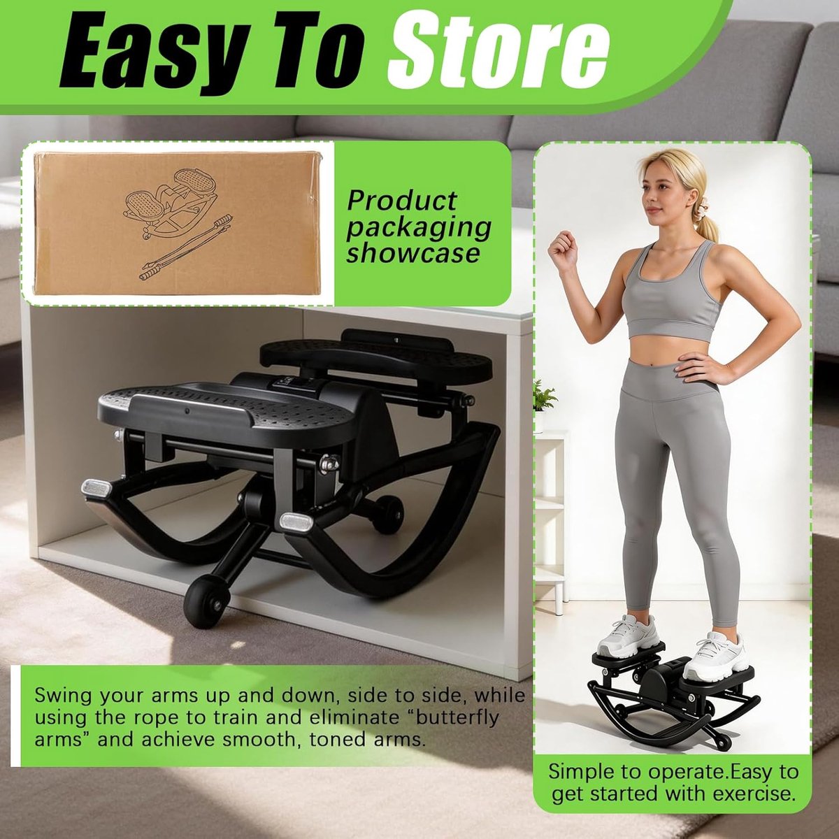 SnelShoppen - Rocking U-vormige mini-stepper voor thuis, stille hometrainer met LCD-display, weerstandsbanden en vloermat voor benen, armen en billen