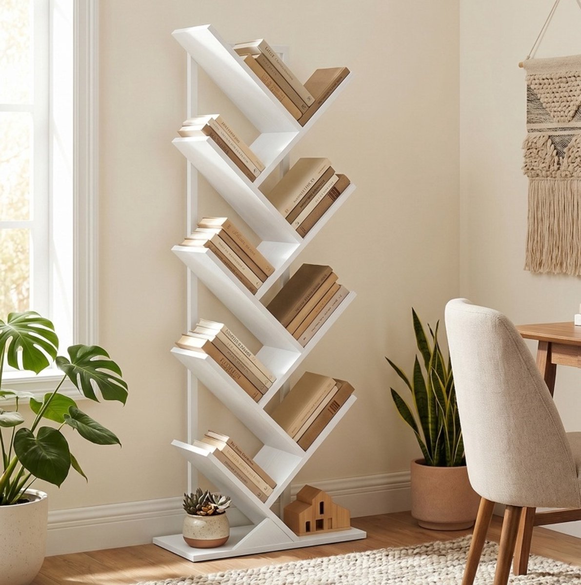 Boekenkast Boomvormig – 50 x 24 x 136 cm – Industrieel Met Stalen Frame – Hout – Wit – Vrijstaand Voor Boeken, Cd's En Dvd's