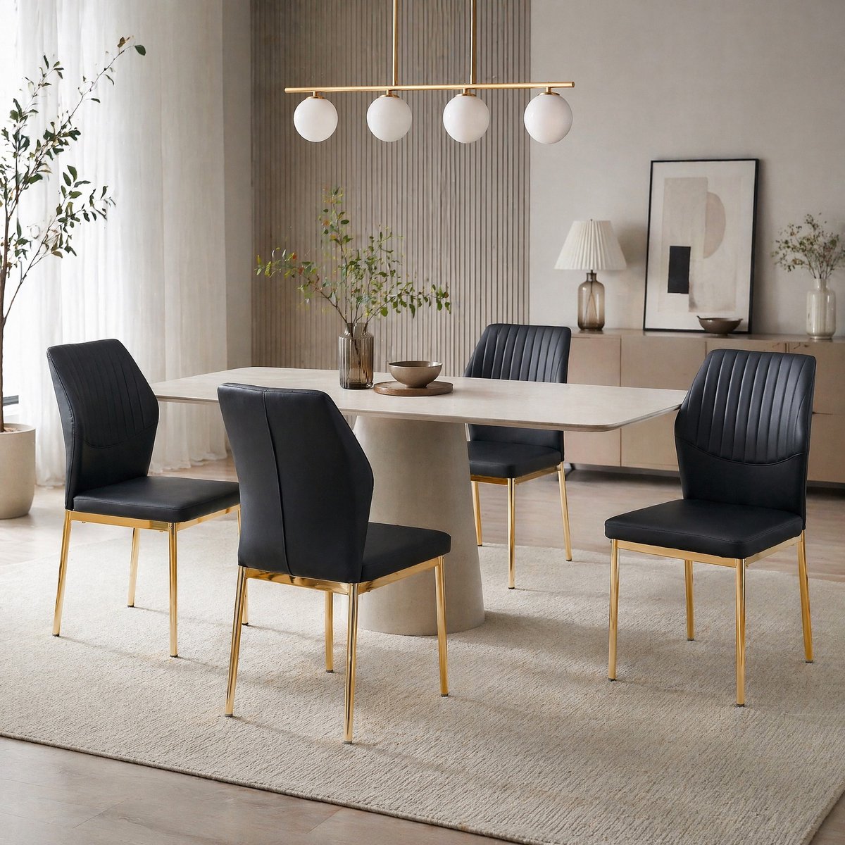 MEUNIQ 4-delige eetkamerstoel set zwart en goud, met zwart PU-zitvlak, verticale rugleuning met reliëf, metalen poten, 93 cm hoog, voor eetkamer en woonkamer Black