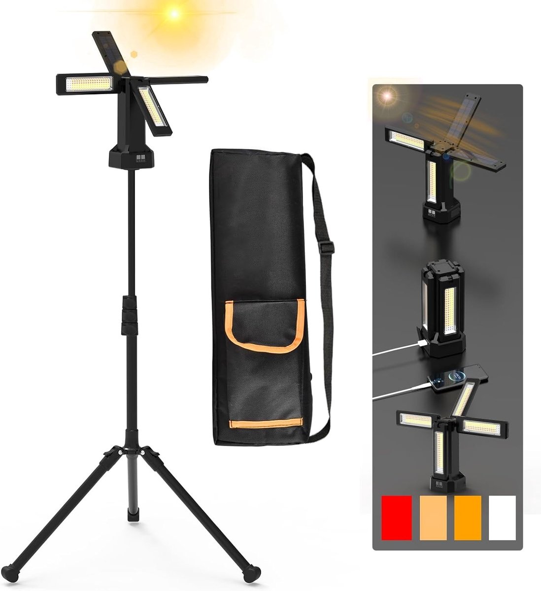 SnelShoppen - 13200mAh Oplaadbare Zonnewerklamp met Vouwbare Stand en Draagtas, 8000 Lumen Stepless Dimmable, Wit/Warm/Wit/Natuurwit/Rood (SOS), Inclu