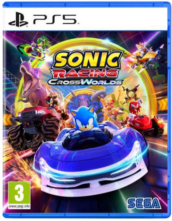 De hoes van het PS5-spel 'Sonic Racing: CrossWorlds' met Sonic en vrienden in racewagens.
