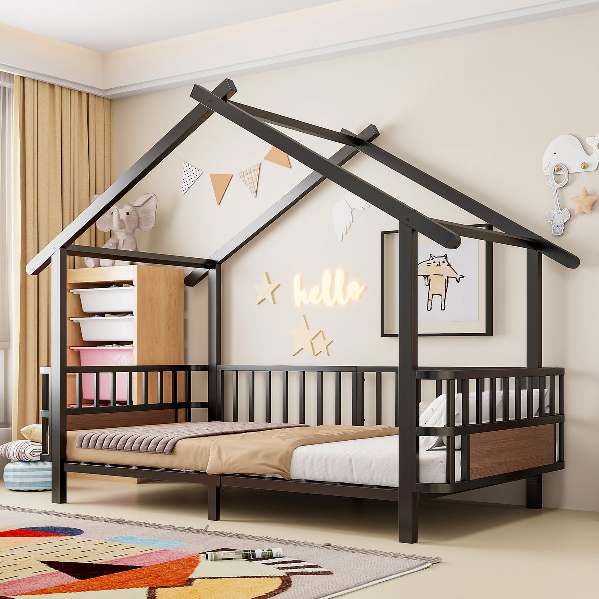 Huisbed 90x200 cm - Metalen Kinderbed met Dakframe, Veiligheidsrek en Decoratief Bedhuisje - Zwart