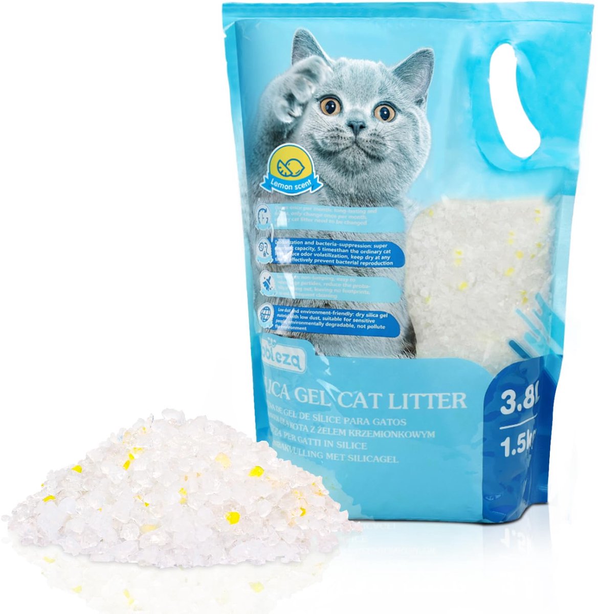 SnelShoppen - Silica Kattenbakvulling Diamond Gel 3,8L - Absorberend, Biologisch Afbreekbaar met Citroensmaak - Comfortabele en Geurige Kitten Litter