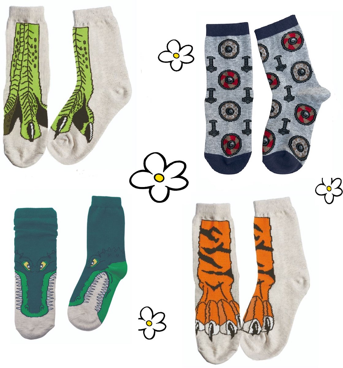 Nature Planet - Set van 4 potige kindersokken - wolf - t-rex groen - t-rex en tijger poot (100% Oeko-tex gecertificeerd) maat 23-28