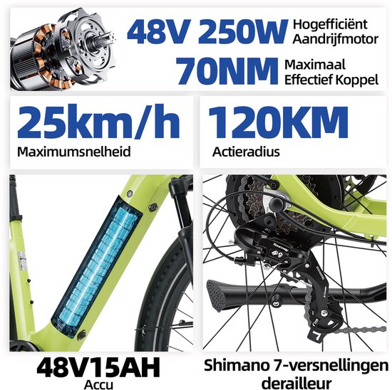 TTGO Z3 Elektrische Fiets - 48V 15Ah Accu (720Wh) - Achterwielmotor - Actieradius tot 130 km - 27.5×2.4 Inch Banden - LCD Display - Shimano 7 Versnellingen - Hydraulische Schijfremmen - Stadsfiets - Max. Belastbaar 125 kg - Appelgroen van TTGO — afbeelding 4
