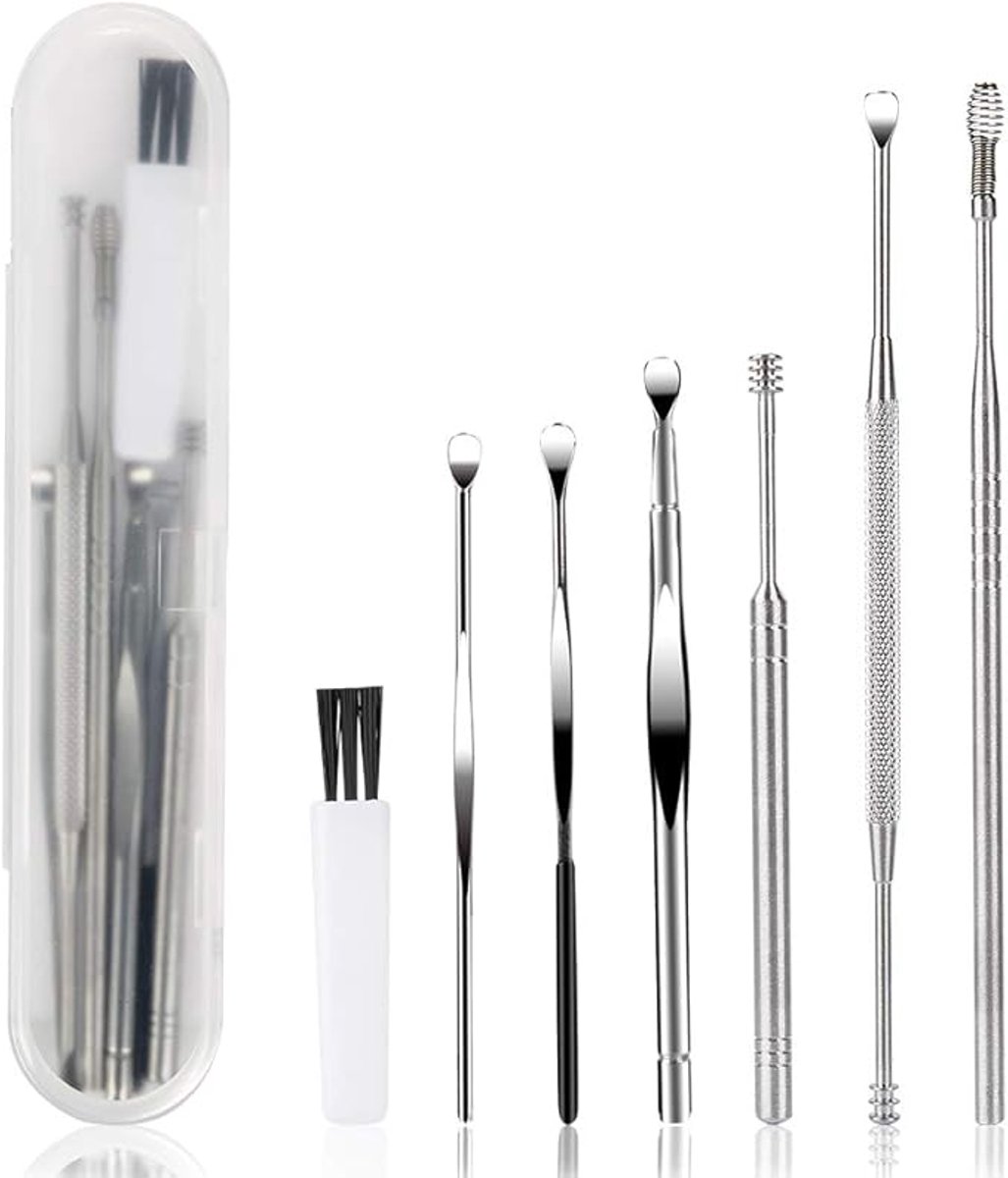 7 Stks Ear Pick Oorsmeer Removal Kit,Oor Reiniging Tool Set, Oor Curette Oor Wax Remover Tool met Reinigingsborstel en Opbergdoos, Sliver