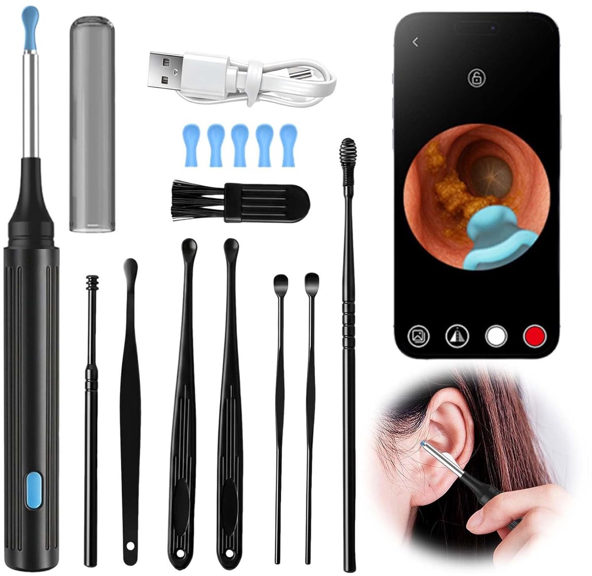 80P HD-oorreinigingscamera, waterdichte oorwasverwijderaar, met 6 ledlampjes, 3,5 mm camera, wifi-connectiviteit, compatibel met iOS- en Android-systemen.