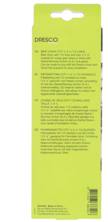 Gele verpakking van Dresco met productinformatie in meerdere talen.