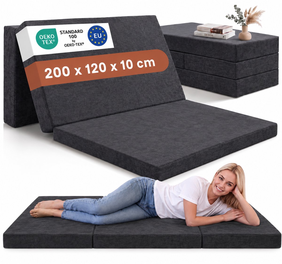 ODOL-PLUSZ Opvouwbaar logeermatras met fauteuilfunctie - 200 x 120 x 10 cm - Schuimmatras, grijs