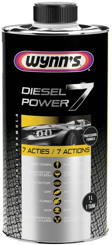 Wynn's Diesel Power 7 fles van 1L met tekst en afbeelding van een sportwagen.