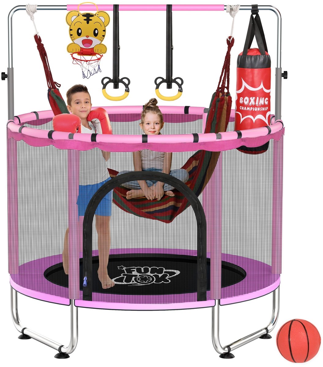 FUNTOK Kindertrampoline 140 cm - 4-in-1 Trampoline met Veiligheidsnet, Schommel, Basketbalring, Bokszak & Turnringen - Verstelbare Handgreep - Indoor & Outdoor - Max. 200 kg - Blauw/Roze