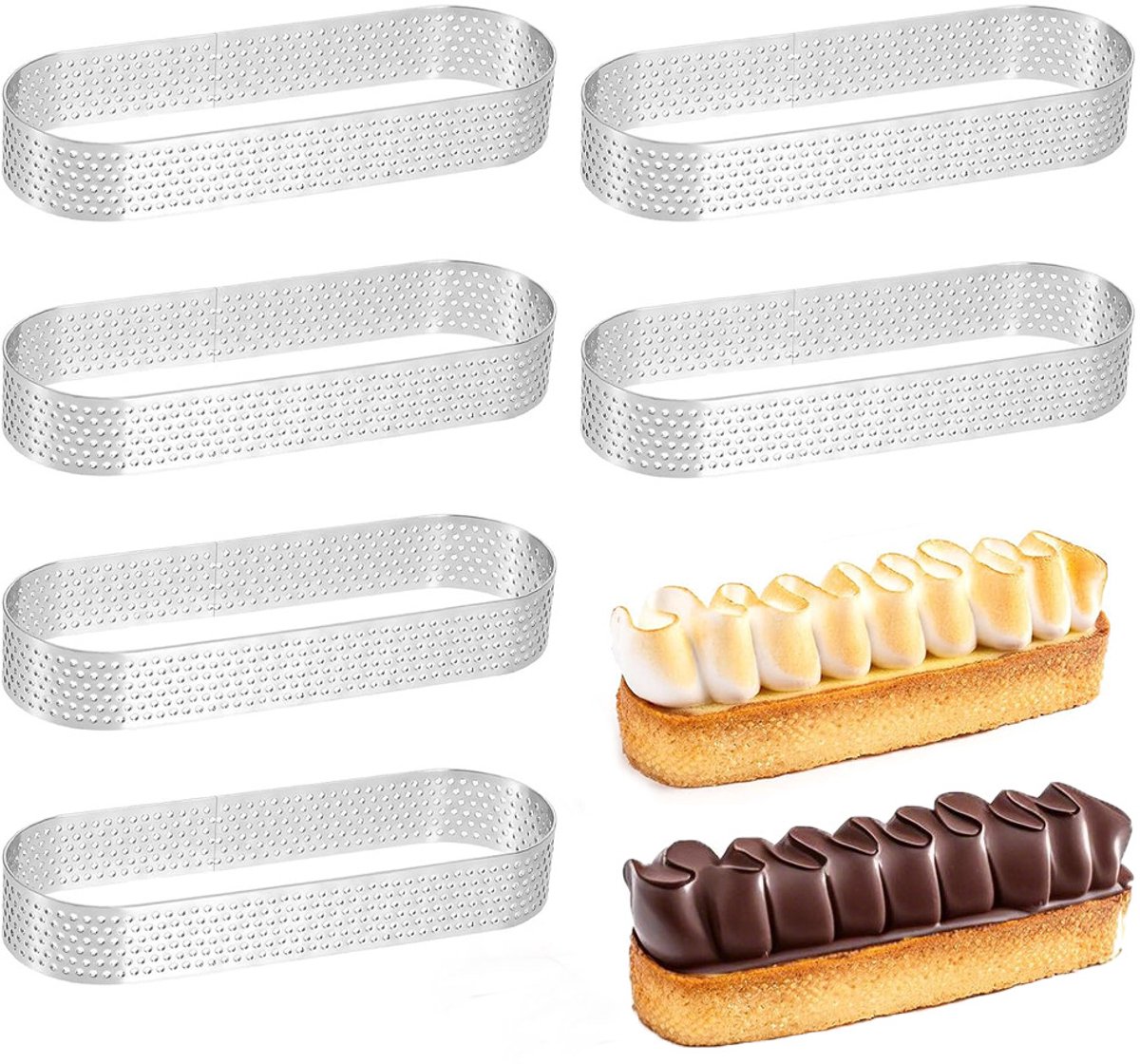 6 broodvormen - cakevormen - ovale moussevormen - ovale taartvormen - geperforeerde roestvrijstalen dessertmousseringen - zilverkleurig - gemakkelijk te ontvormen - herbruikbaar - roestvrij staal - vaatwasmachinebestendig - 9,5 * 2,8 *2 cm