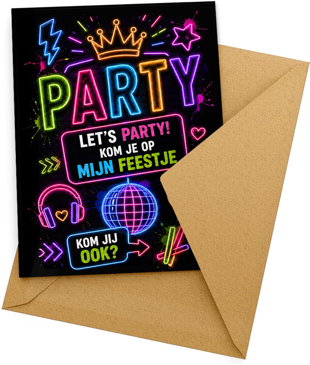 Uitnodiging kinderfeestje Neon Party + enveloppen - 10 stuks - Beschrijfbaar - Uitnodigingskaarten - Uitnodiging verjaardag - Uitnodiging verjaardagsfeest - Uitnodiging kinderfeestje jongen of meisje - Uitnodiging feestje - Uitnodigingen