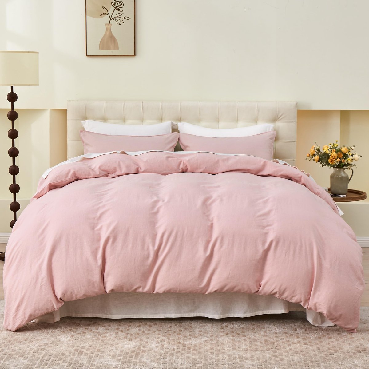 SnelShoppen - Super King Dekbedovertrek 200x200cm Roze met 2 Kussenslopen - Zacht Katoenen Linnen, Hypoallergeen en Ademend Bedset voor Slaapkamer, Pe