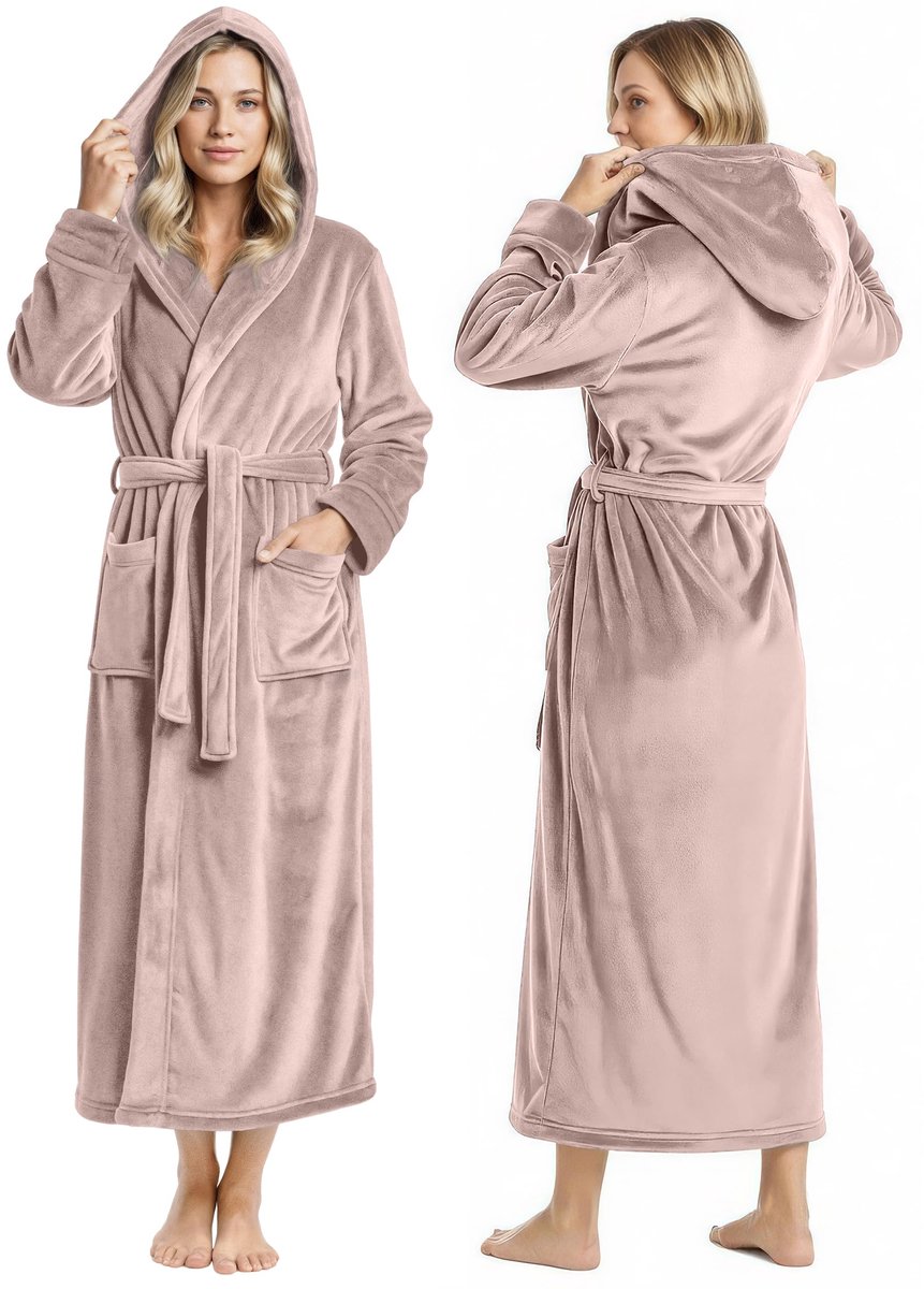 SnelShoppen - Dames Fleece Badjas met Capuchon, Pluche, Lange Badjas, Taupe, Maat L, Perfect voor Thuis, Wellness, en Relaxen