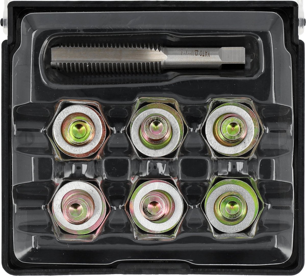 YATO Professionele Carterpan Schroefdraad Reparatieset – 13-Delig – M11 x 1.5 mm – Met Tap, 6 Aftappluggen & 6 Aluminium Afdichtringen – Voor Oliepannen & Versnellingsbakken – Inclusief Koffer