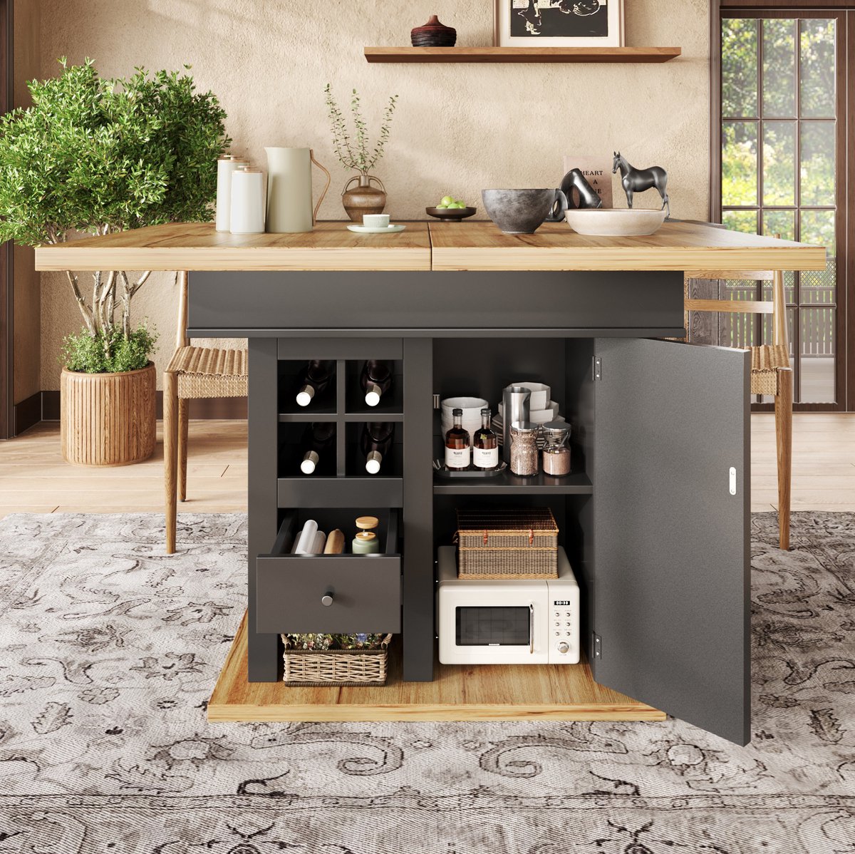 MEUNIQ uitklapbare eettafel 110-140 x 80 x 75 cm, rechthoekige tafel met lades, wijnrek en opbergruimte, zwart naturel, voor 4-6 personen