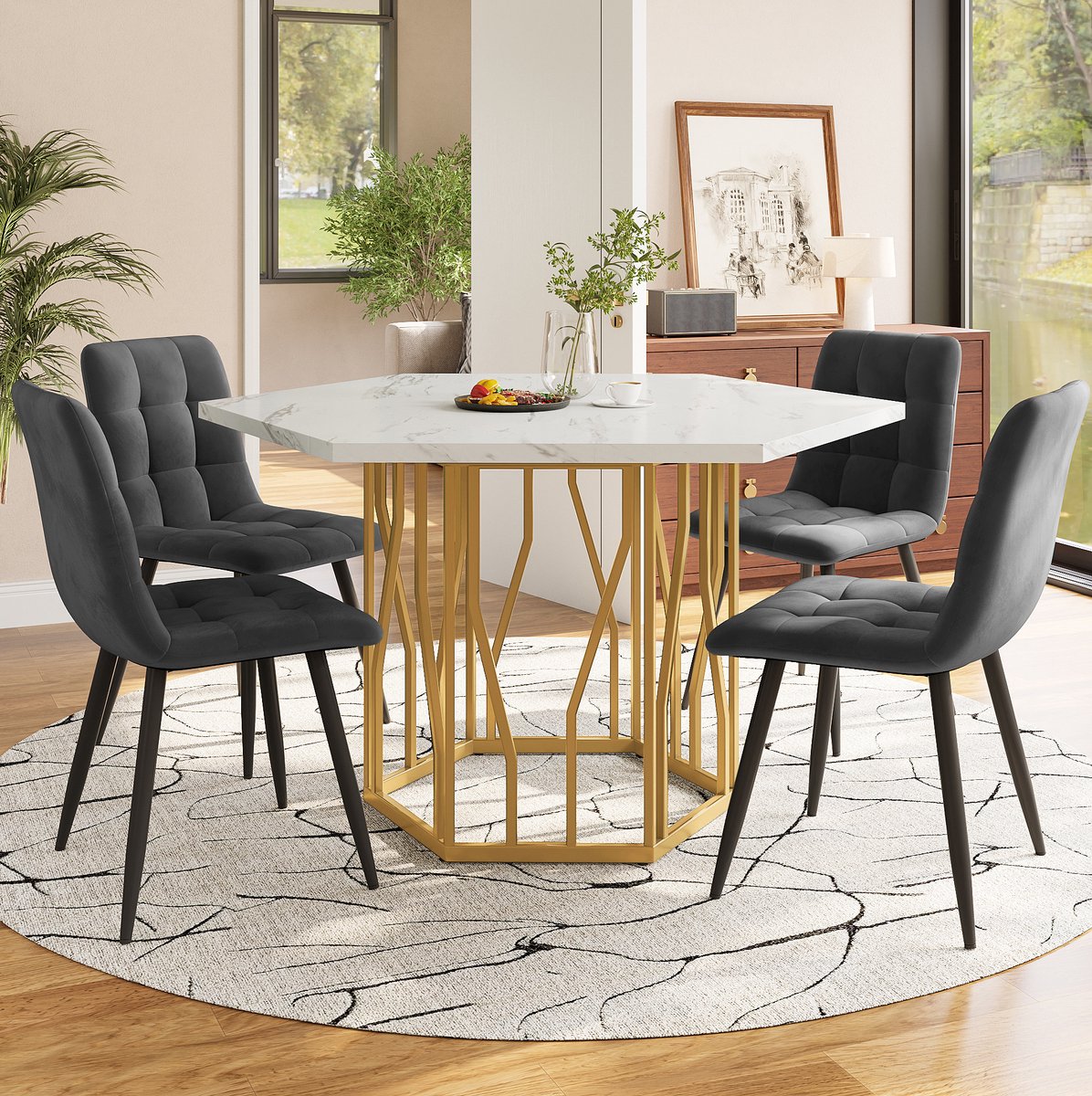 MEUNIQ 5-delige eettafelset met zeshoekige eettafel 115,5 x 100 x 75 cm, marmerlook MDF blad, 4 grijze eetkamerstoelen en gouden metalen onderstel voor de eetkamer