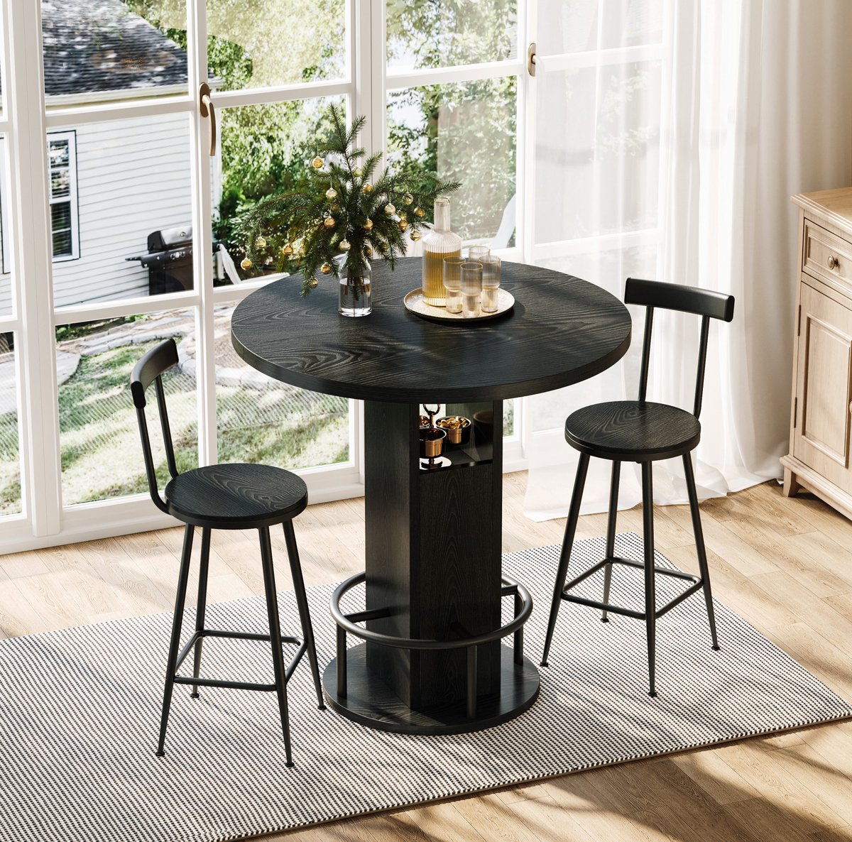 MEUNIQ 3-delige bar tafelset met ronde tafel van 80 cm, 2 barstoelen, metalen ringvoetsteun, voor keuken, eetkamer of woonkamer, zwart