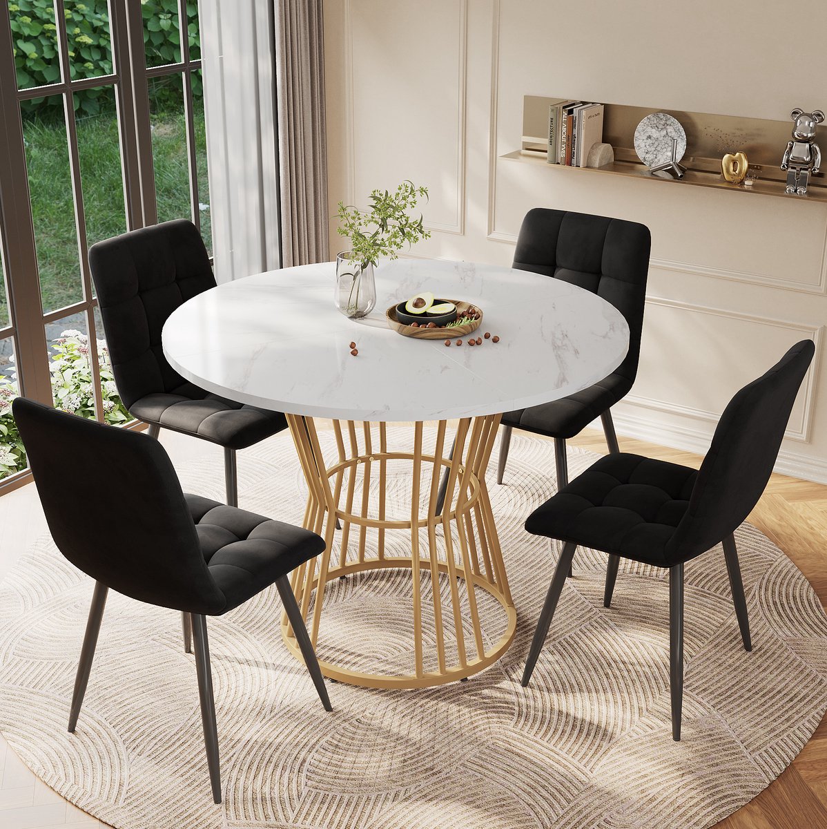 MEUNIQ ronde eettafel 100 cm, 75 cm hoog, MDF tafelblad met marmerlook en metalen frame, modern, wit, voor keuken, eetkamer en woonkamer